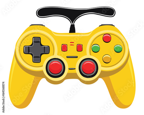 A vibrant yellow and red game controller, a cartoon-style illustration with a classic D-pad and ergonomic handle grips
