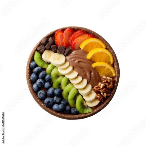 Delicious Chocolate Smoothie Bowl with Fresh Berries, Kiwi, Banana, and Orange Slices