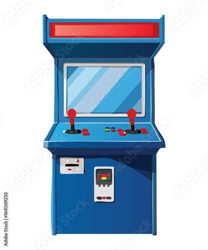 Blue and red classic arcade cabinet with dual joysticks, a vintage illustration of a multiplayer gaming experience.