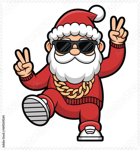 Cool Santa Claus cartoon character wearing sunglasses, red outfit, gold chain, dancing, peace sign, fun, festive, Christmas, hip hop style