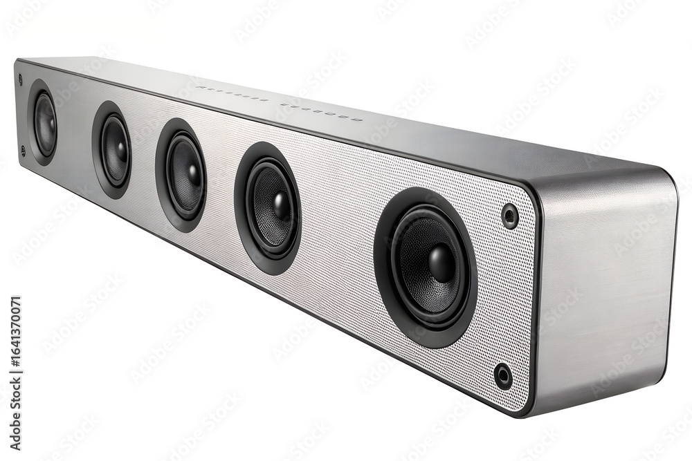 Fototapeta premium Close up of a silver soundbar speaker with multiple drivers on a white background