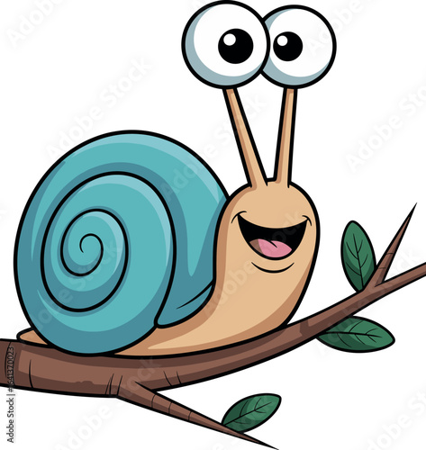 Cartoon snail character, blue spiral shell, beige body, large expressive eyes, wide smiling mouth, positioned on brown tree branch with green leaves