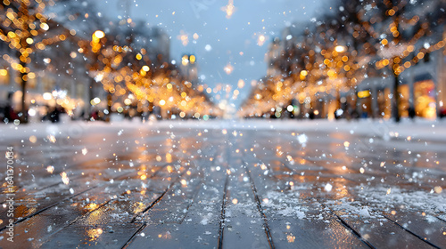 Snowflakes gently falling on a beautifully illuminated street, creating a magical winter atmosphere with reflections on the wet wooden pavement. Selective focus