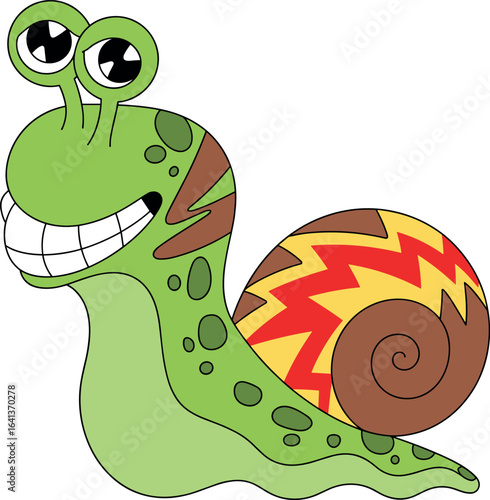 Cartoon snail character, green body with darker green spots, colorful shell with brown base and red-yellow zigzag pattern, large expressive eyes with playful look, wide smile showing white teeth