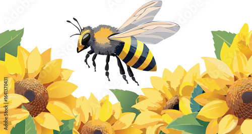 Honeybee Hovering Over Bright Sunflowers