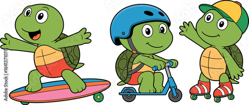 Cartoon turtles on skateboard, scooter, roller skates, playful animal trio in motion, fun kids activity illustration, cheerful sports concept, design