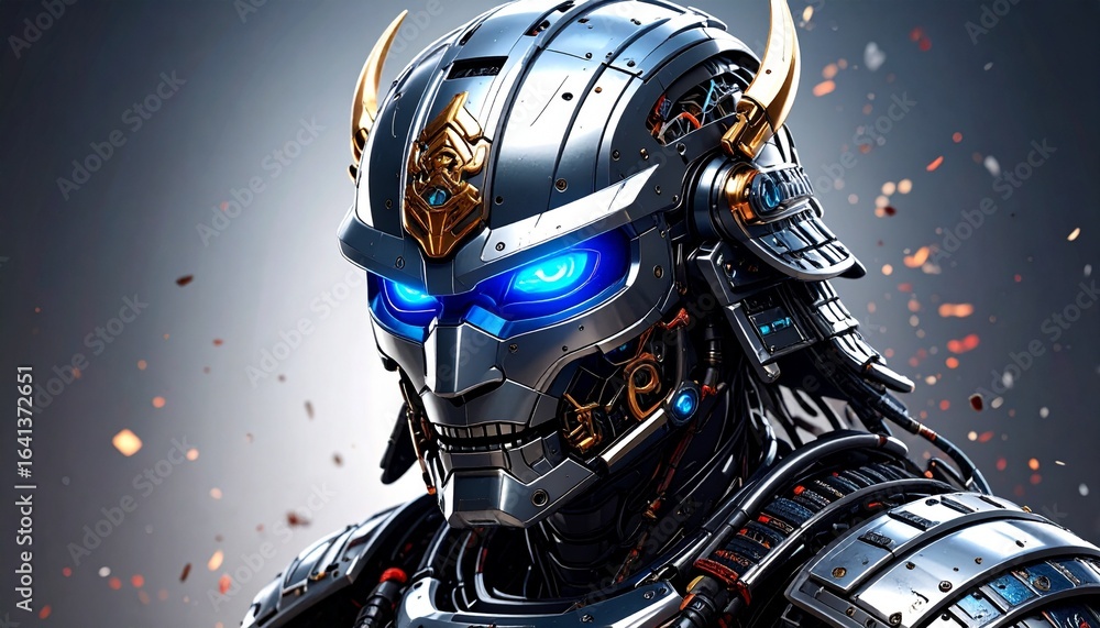 Fototapeta premium Close-up of photorealistic samurai robot helmet with glowing eyes in zero gravity.