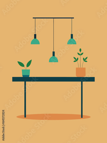 minimalist coworking table hanging plants