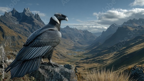 Andean condor perched on a mountaintop overlooking a valley