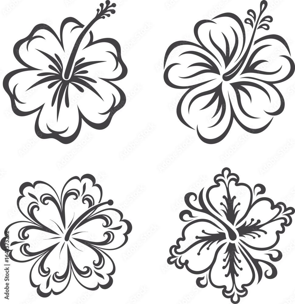 Obraz premium Hand drawn hibiscus flower vector icon illustration, simple black and white line art, minimalist tropical floral symbol, clean decorative design for nature, botanical, and summer projects