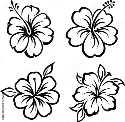 Hand drawn hibiscus flower vector icon illustration, simple black and white line art, minimalist tropical floral symbol, clean decorative design for nature, botanical, and summer projects