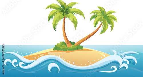 Tropical Island with Palm Tree, Sandy Beach, and Ocean Waves