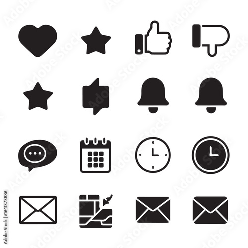 A collection of black and white interface symbols in a grid layout icon set