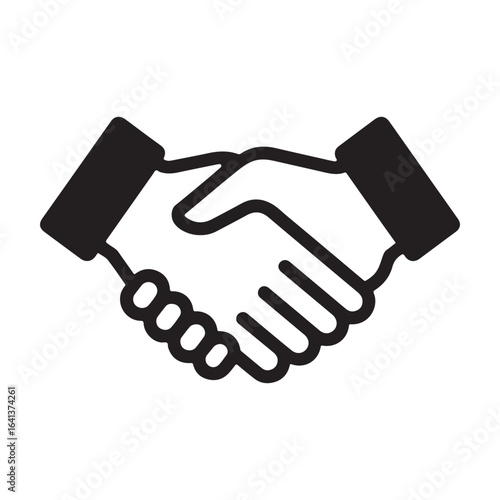 Simple black and white handshake icon in minimalist flat style, representing partnership, business agreement, deal, cooperation, and teamwork. Vector illustration isolated on a clean white background.