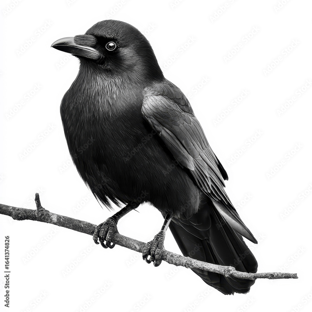 Fototapeta premium Black crow perched on a branch with a detailed close-up view