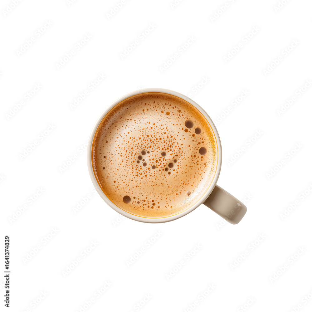 Obraz premium Coffee cup top view, foamy and frothy, warm drink, on transparent background 