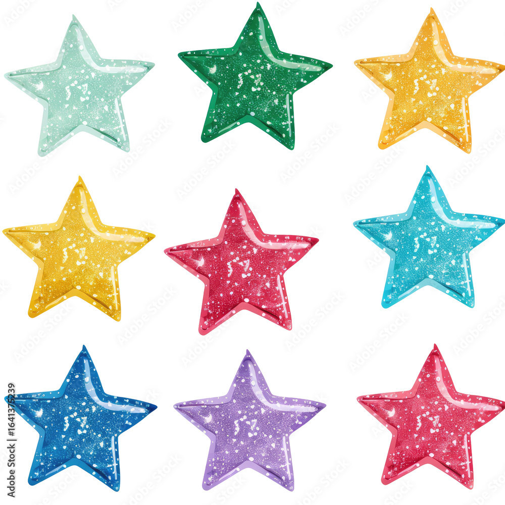 Obraz premium Colorful glitter stars, party decoration, seamless pattern, festive background, craft supply