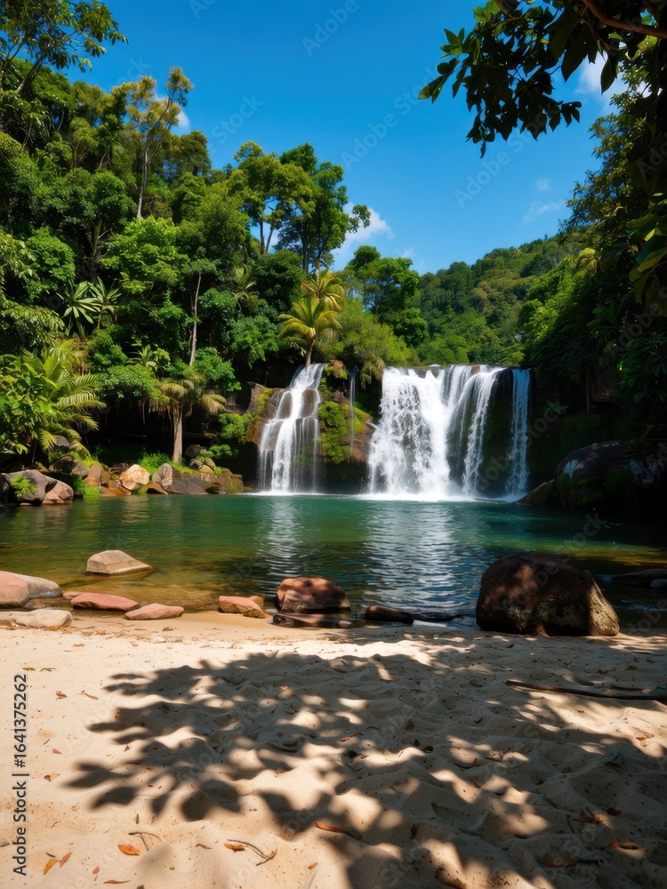 Obraz premium Captivating waterfall adventure tropical rainforest scenic landscape serene environment wide angle view nature's beauty