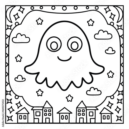 Halloween Vibes Coloring Page – Spooky and Cute Halloween-Themed Printable for Adults and Kids, Haunted House, Pumpkins, Ghosts, and Bats Line Art
