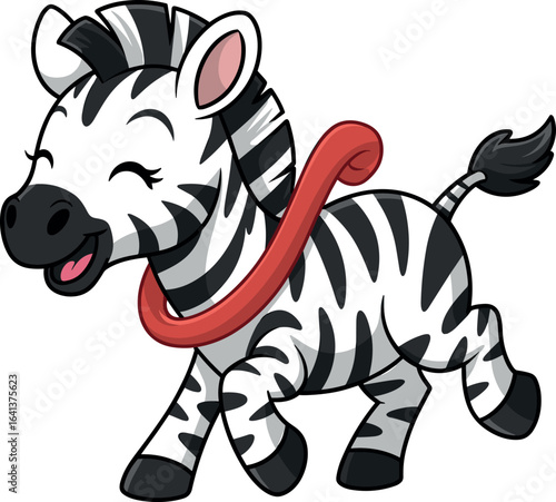 Cartoon zebra illustration, black and white stripes, red scarf, happy expression, closed eyes, prancing pose, playful animal, kids art, cheerful design