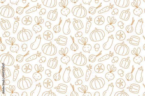 autumn vegetables seamless pattern with beetroot, pepper, pumpkin, eggplant, mushroom, tomato, onion, carrot icons; great for packaging for organic food products - vector illustration