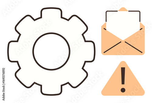 Gear for settings, envelope for mail or communication, and alert sign for warnings. Ideal for workflow, notifications, communication systems, troubleshooting, problem-solving, automation updates