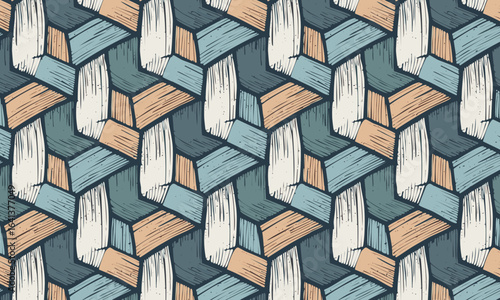 Abstract geometric tessellation seamless pattern, Hand-drawn rustic woodblock texture