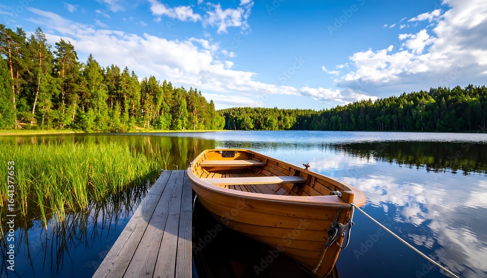 Naklejka premium Wooden boat on a dock, lake, forest