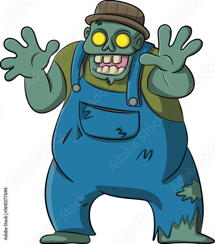 Cartoon zombie in overalls with raised arms, green undead character in grabbing pose, spooky Halloween illustration, funny monster design, concept