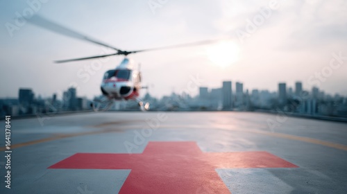 Helicopter is landing on hospital rooftop helipad marked with red cross, set against city skyline during sunset. scene conveys urgency and medical service