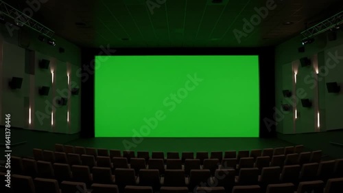 Empty movie theater with green screen ready for film projection and audience seating area viewable