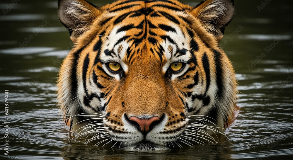 Close-up of a majestic adult tiger with bright orange and black-striped wet fur emerging from dark water, intense amber eyes glowing under dramatic cinematic lighting, capturing its powerful and aler Close-up of a majestic adult tiger with bright orange and black-striped wet fur emerging from dark water, intense amber eyes glowing under dramatic cinematic lighting, capturing its powerful and aler