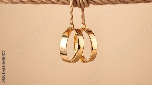 Wallpaper Mural Golden wedding rings suspended on jute rope, elegant close-up with soft lighting enhancing their shine. Torontodigital.ca
