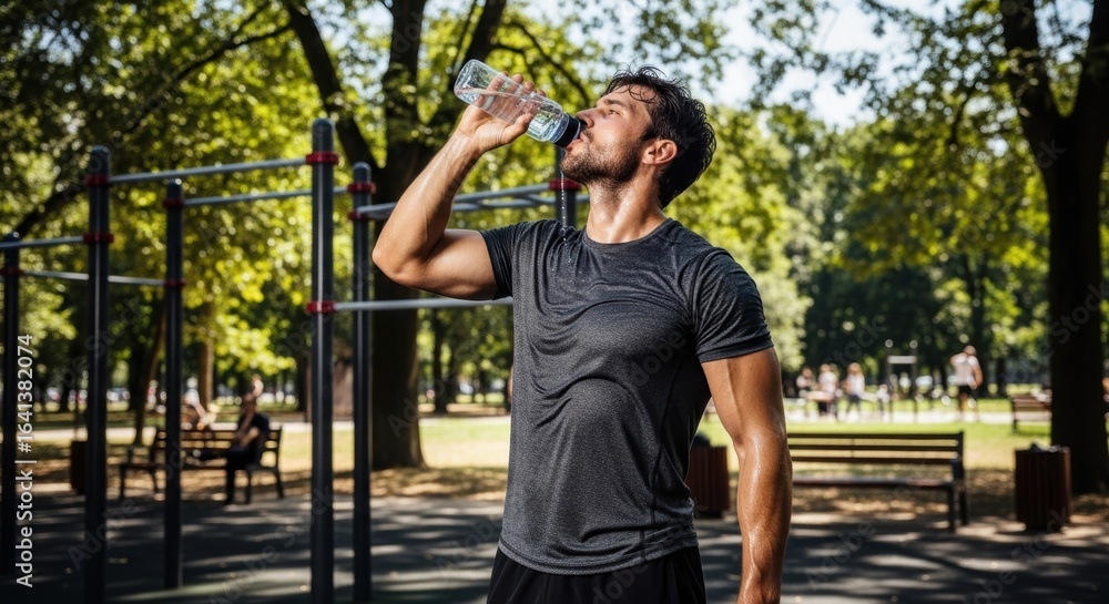 Obraz premium man drinking water from bottle during outdoor fitness workout in park