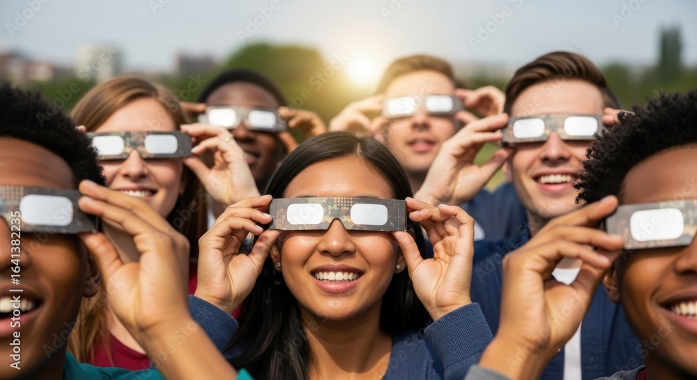 Obraz premium diverse group of young people wearing solar eclipse glasses outdoors
