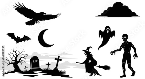 Halloween silhouettes against a foggy backdrop, creating a spooky ambiance. The scene features various elements, including a witch, zombie, ghost, a bat, moon.