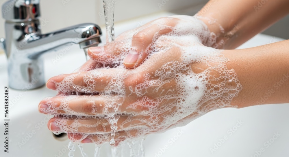Fototapeta premium person washing hands with soap and water under faucet