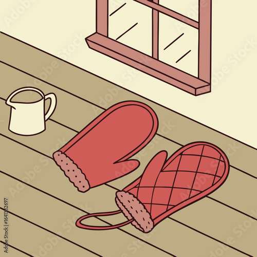 Cozy Kitchen Scene with Oven Mitts Mug and Window Illustration