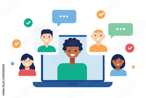 Photo of online meeting and video conference for remote team collaboration and business communication on laptop, isolated on white background