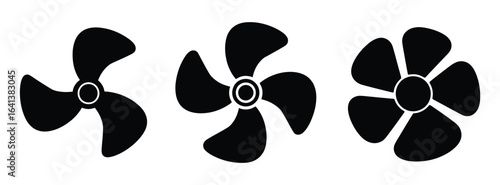 Vector art of three propellers with hubs isolated on white background, illustrating the mechanics of air movement and the evolution of fan technology for various industrial and domestic applications