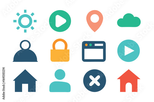 Photo of collection of colorful flat design icons featuring common user interface elements isolated on white background for web and mobile design