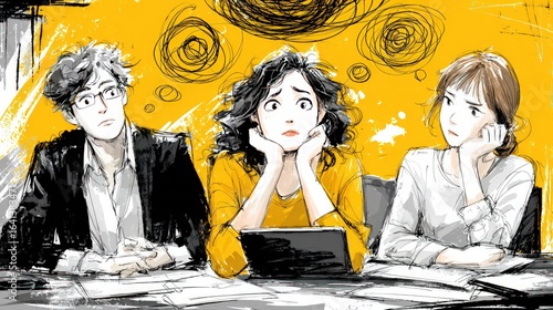 Three people in a meeting, looking worried, with yellow thought bubbles