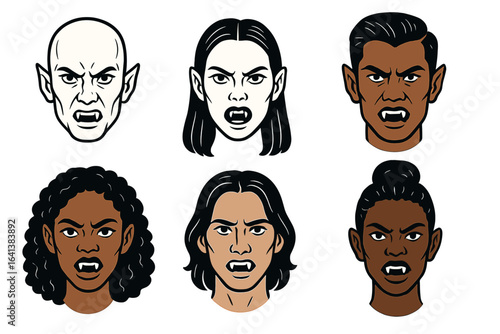 Illustrative portraits of diverse individuals in a stylized representation of vampire faces , Halloween season