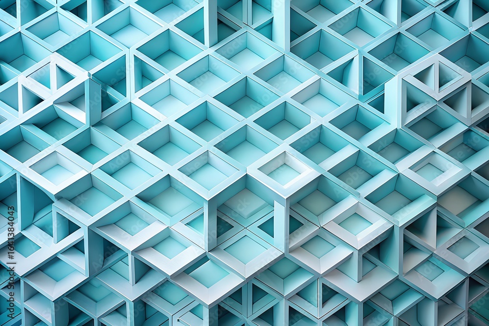 Abstract light blue cubic design with intricate shadows and architectural precision Abstract light blue cubic design with intricate shadows and architectural precision