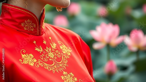 Wallpaper Mural Intricate ao dai collar embroidered with golden stars, red silk flowing gracefully, blooming lotus flowers in background. Torontodigital.ca