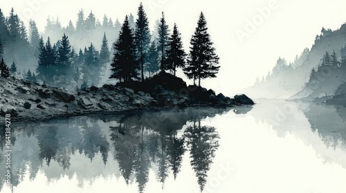 Misty mountain lake with silhouetted trees reflecting