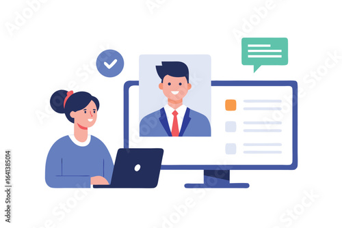 Photo of a job interview is being conducted online with a candidate and a recruiter isolated on white background
