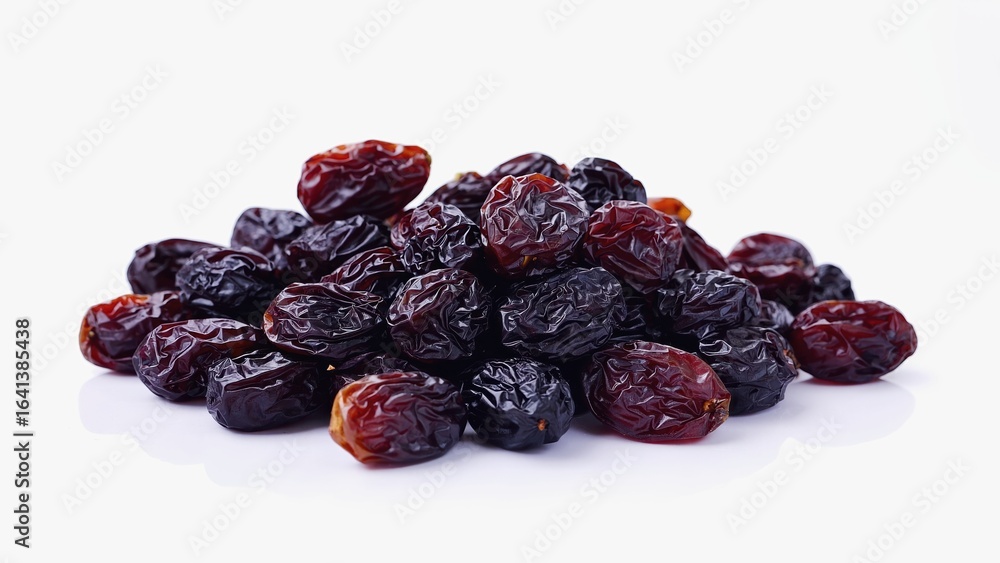 a bunch of dried plums, known as prunes. They are dark, wrinkled and slightly glossy, creating an appetizing impression on a white background. a bunch of dried plums, known as prunes. They are dark, wrinkled and slightly glossy, creating an appetizing impression on a white background.