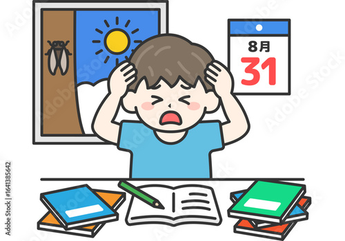 夏休み最終日｜宿題に追われて頭を抱える、小学生の男の子のイラスト
