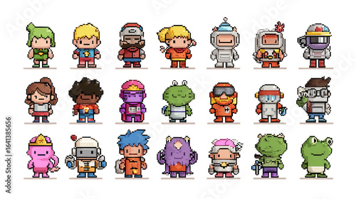 Colorful pixel art characters in various fun costumes and outfits